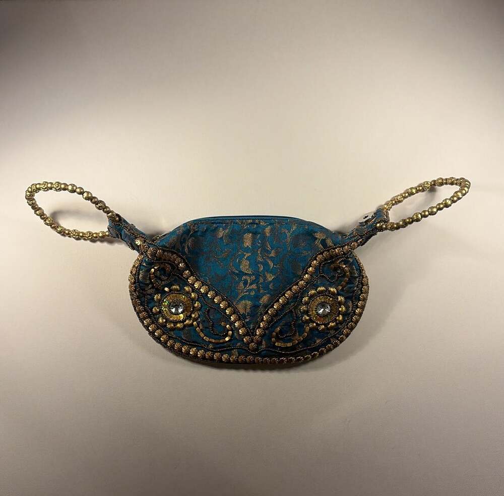 Handmade Beaded Brocade Fortune Cookie Evening Purse Teal Gold